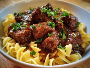 Close-up of tender Crockpot beef tips and noodles garnished with fresh parsley in a white bowl.