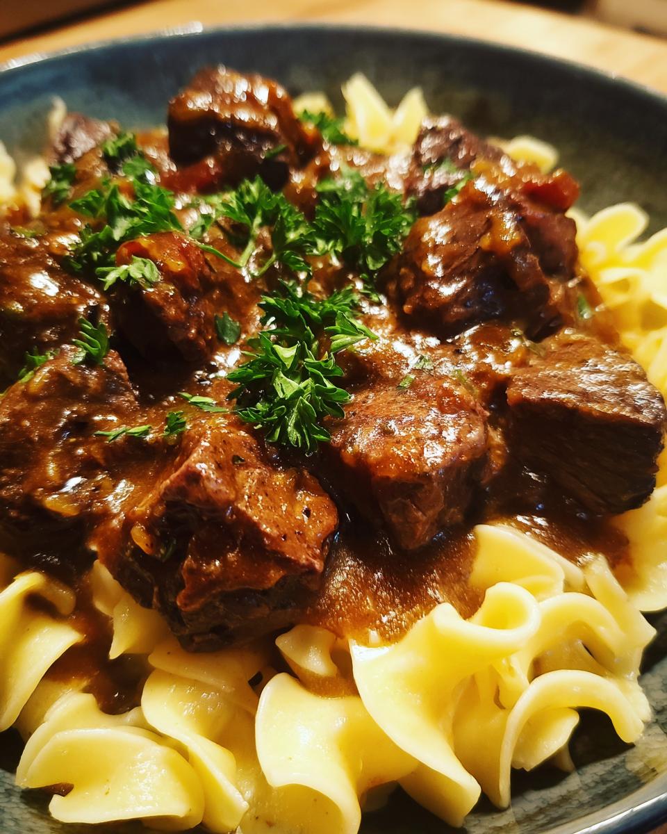 A close-up view of tender crockpot beef tips and noodles, garnished with fresh parsley.