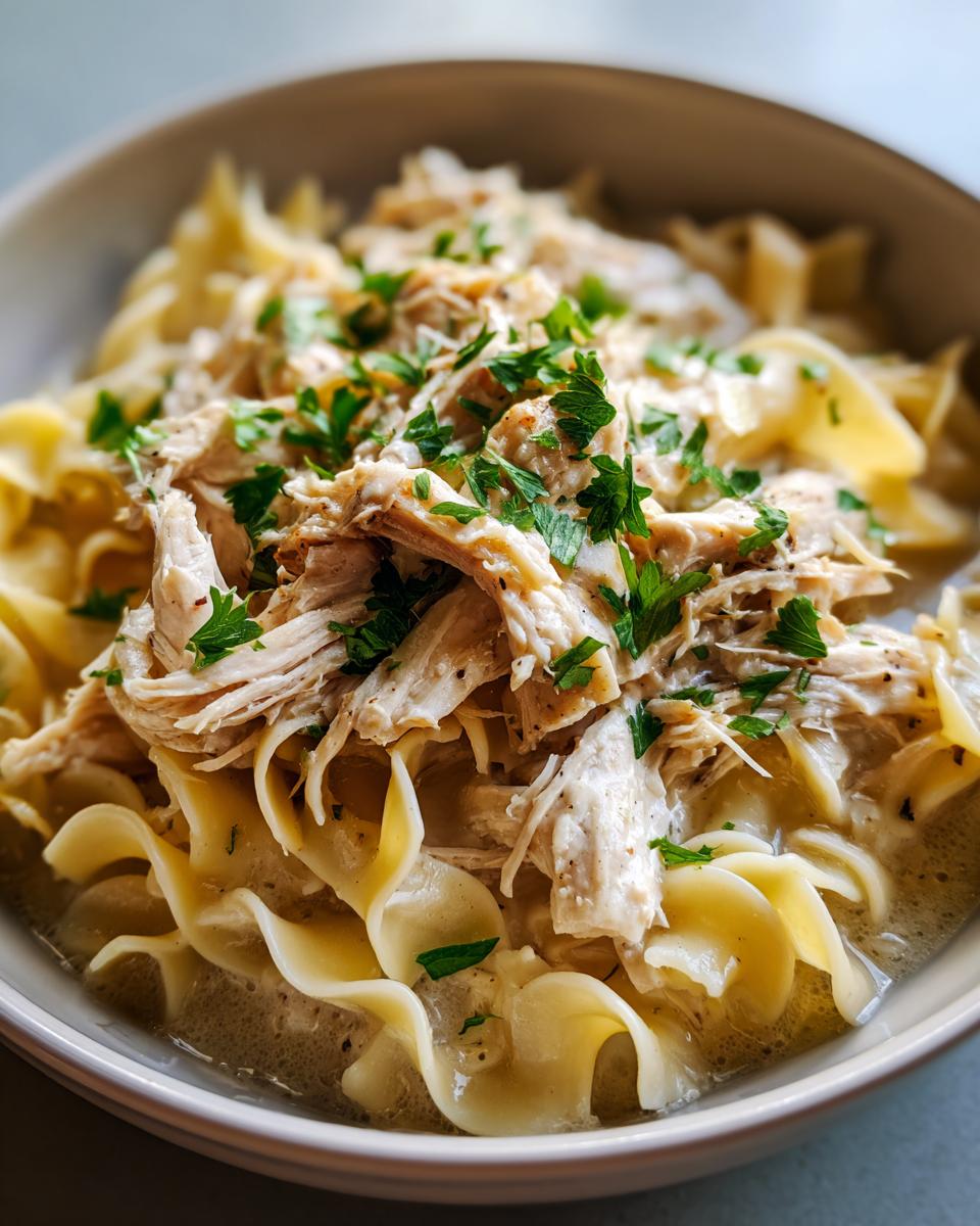 A close-up bowl of creamy crockpot chicken and noodles, topped with shredded chicken and fresh parsley.