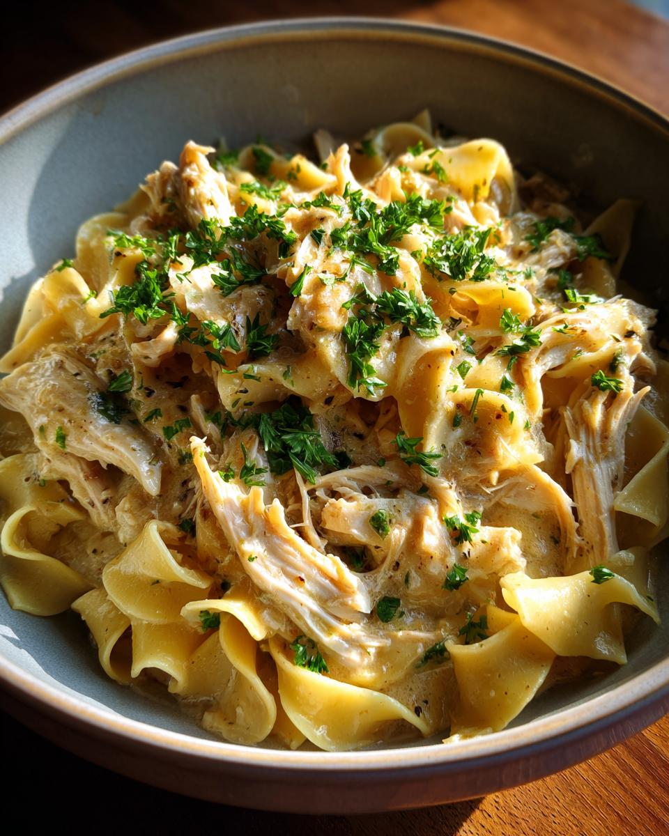 A close-up of a bowl filled with creamy crockpot chicken and noodles, garnished with fresh parsley.