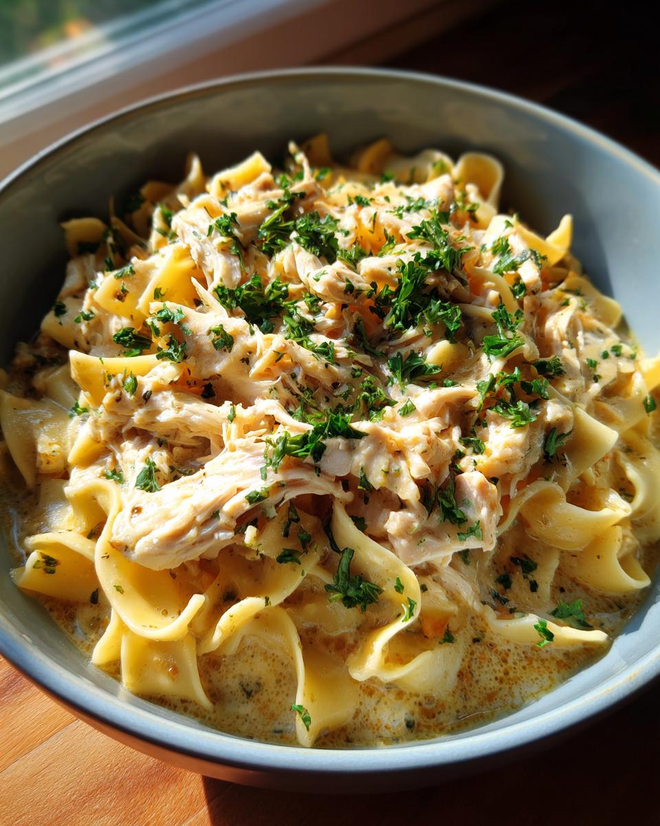 A close-up of a bowl filled with creamy crockpot chicken and noodles, garnished with fresh parsley.