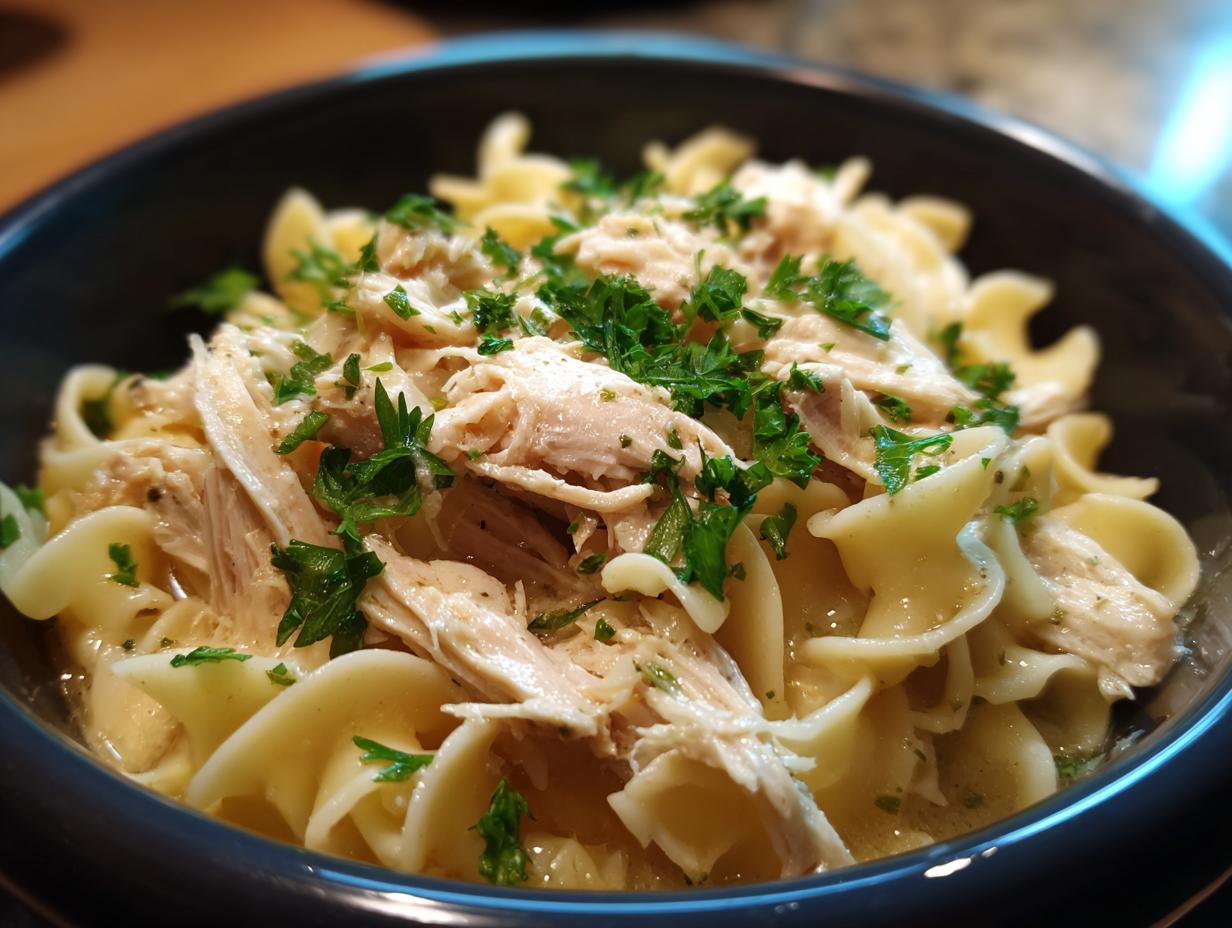 A close-up of a dark bowl filled with creamy crockpot chicken and noodles, garnished with fresh parsley.