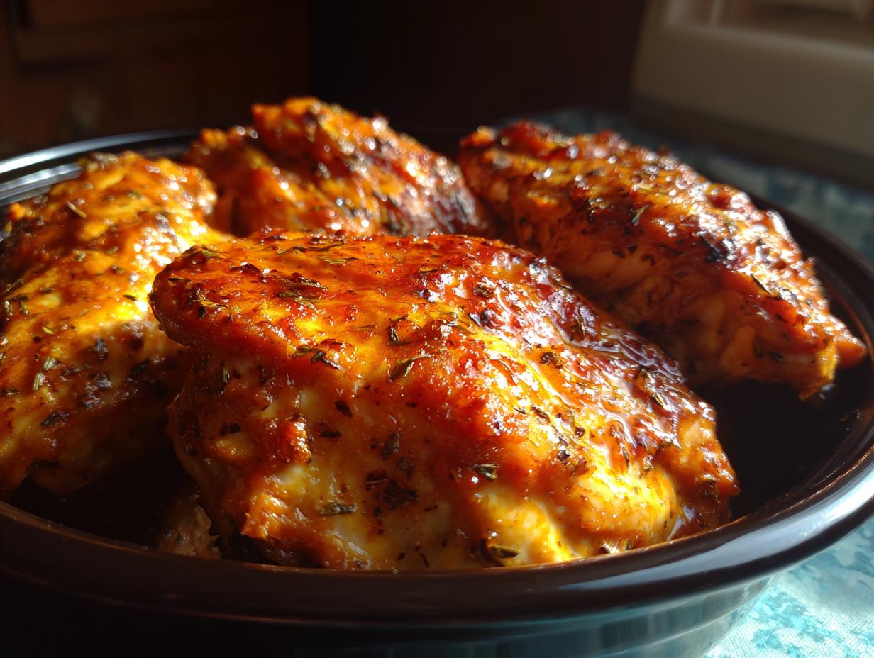 Close-up of juicy, glazed crockpot chicken breasts seasoned with herbs.