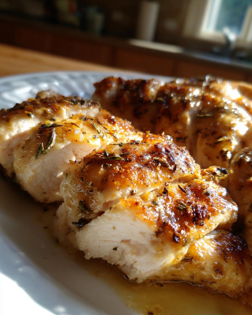 Close-up of perfectly cooked crockpot chicken breasts, sliced and seasoned with herbs.