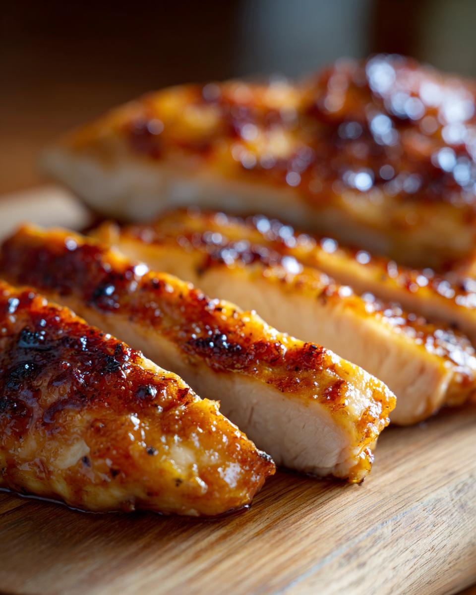 Close-up of sliced, glazed crockpot chicken breasts on a wooden cutting board.