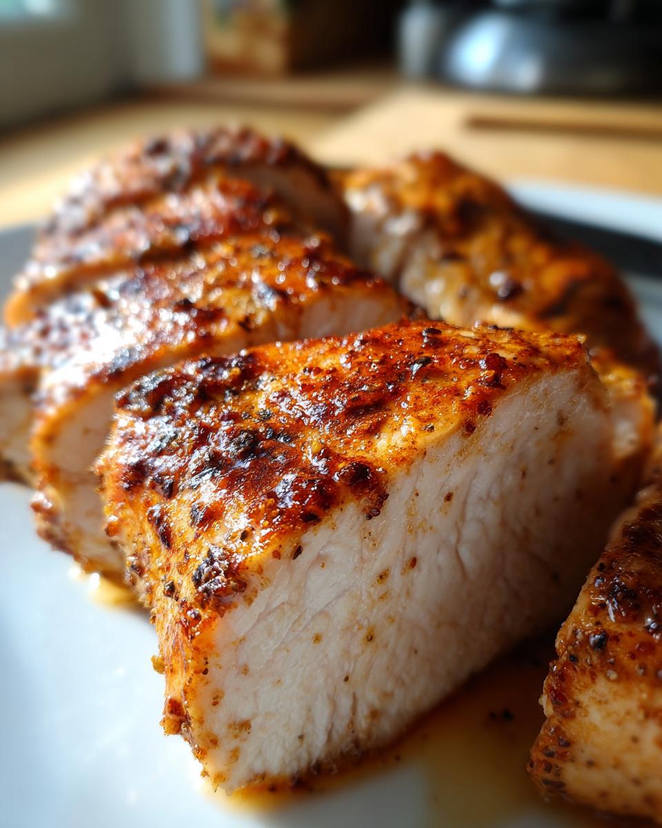 Close-up of perfectly cooked and sliced crockpot chicken breasts with a seasoned crust.
