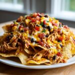 A close-up of a plate piled high with cheesy crockpot chicken nachos, topped with black beans, corn, and diced tomatoes.