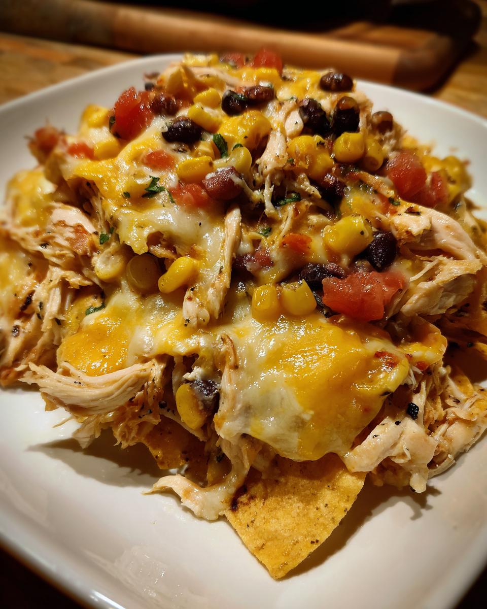 A close-up of loaded crockpot chicken nachos topped with melted cheese, black beans, corn, and diced tomatoes.