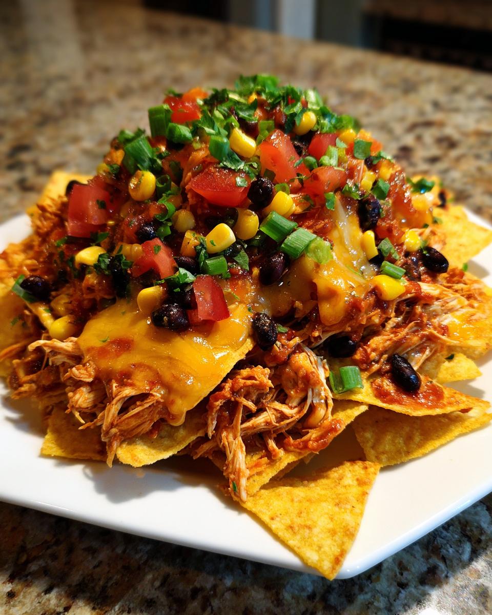 A generous serving of crockpot chicken nachos piled high with shredded chicken, melted cheese, black beans, corn, tomatoes, and green onions.