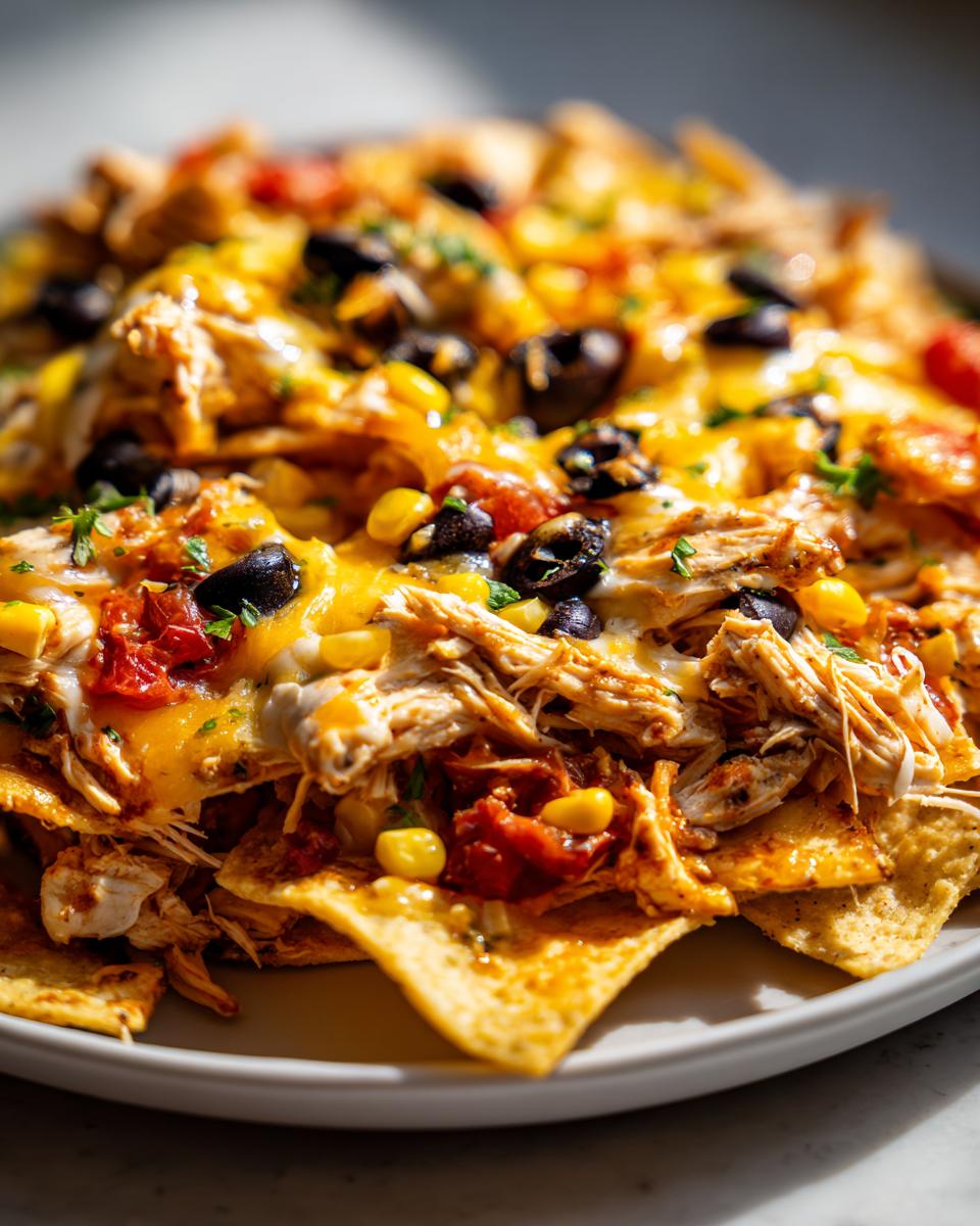 Close-up of a plate piled high with cheesy crockpot chicken nachos, topped with corn, olives, and cilantro.