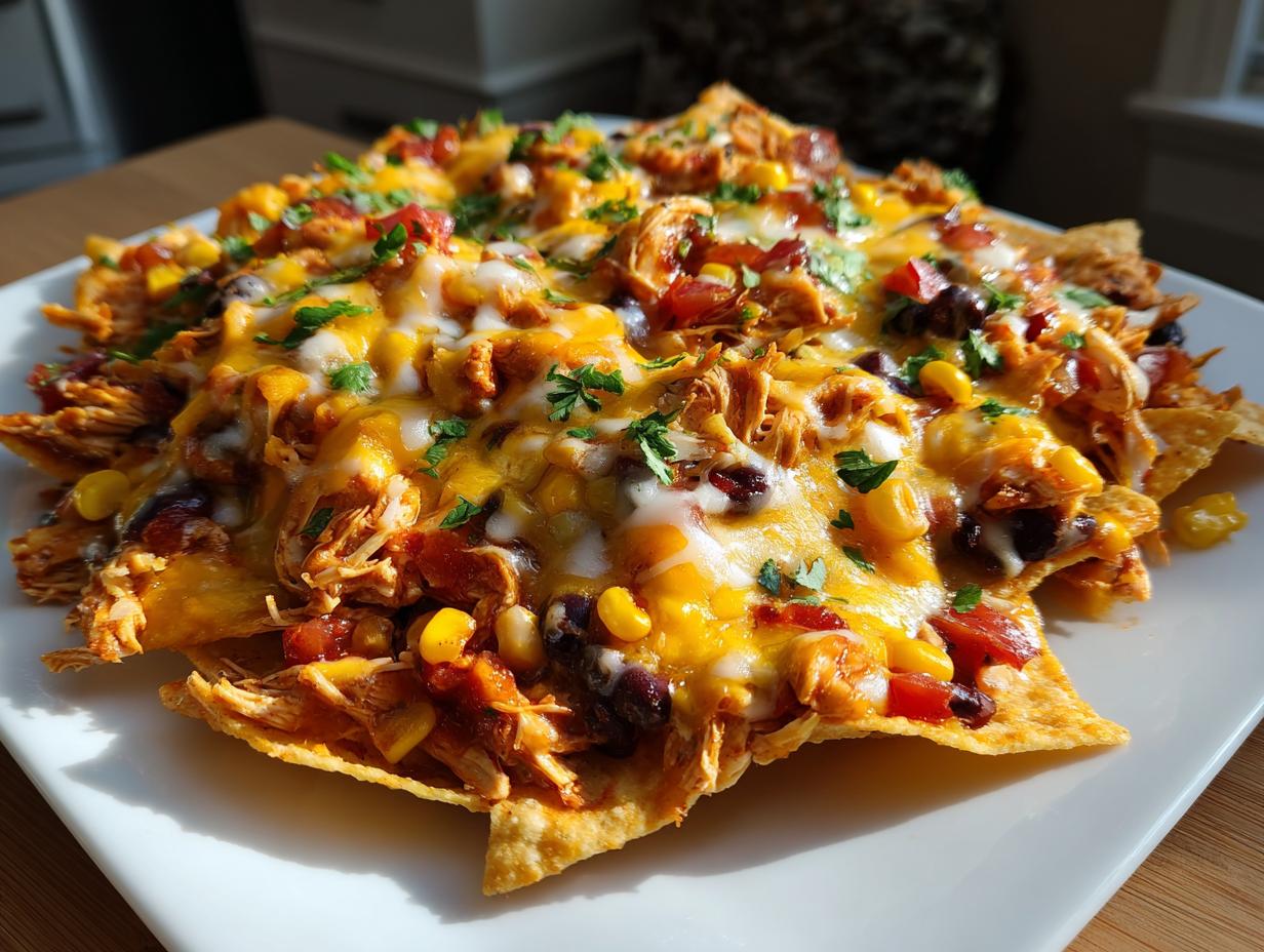 A generous serving of crockpot chicken nachos piled high with shredded chicken, black beans, corn, tomatoes, and melted cheese, garnished with parsley.