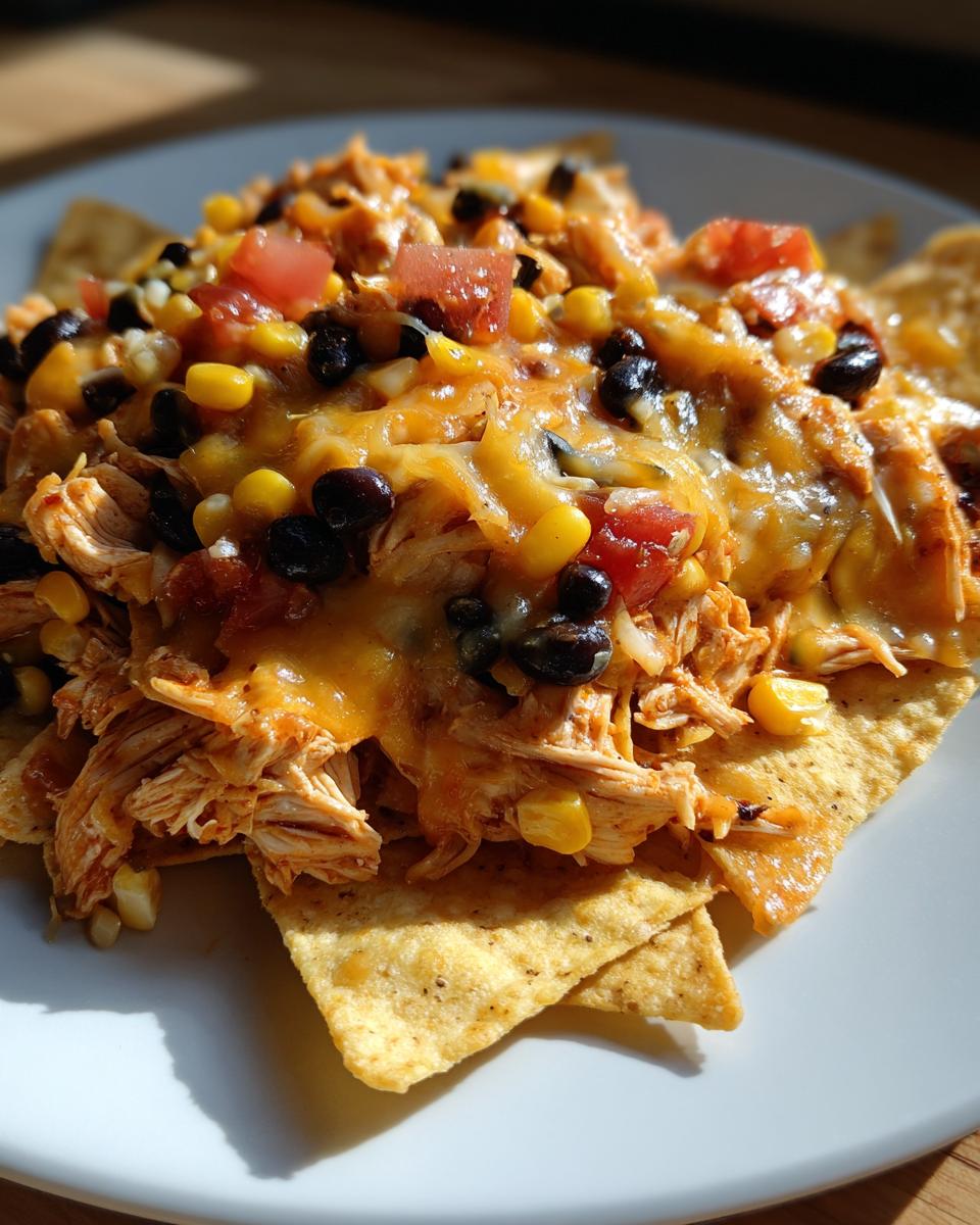 A close-up of delicious crockpot chicken nachos topped with melted cheese, black beans, corn, and diced tomatoes.