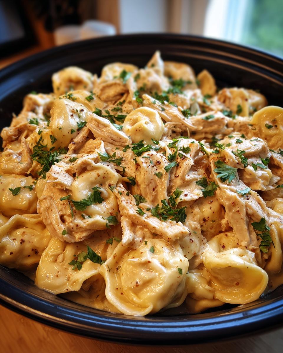 Close-up of creamy Crockpot Chicken Tortellini dish garnished with parsley in a black bowl.