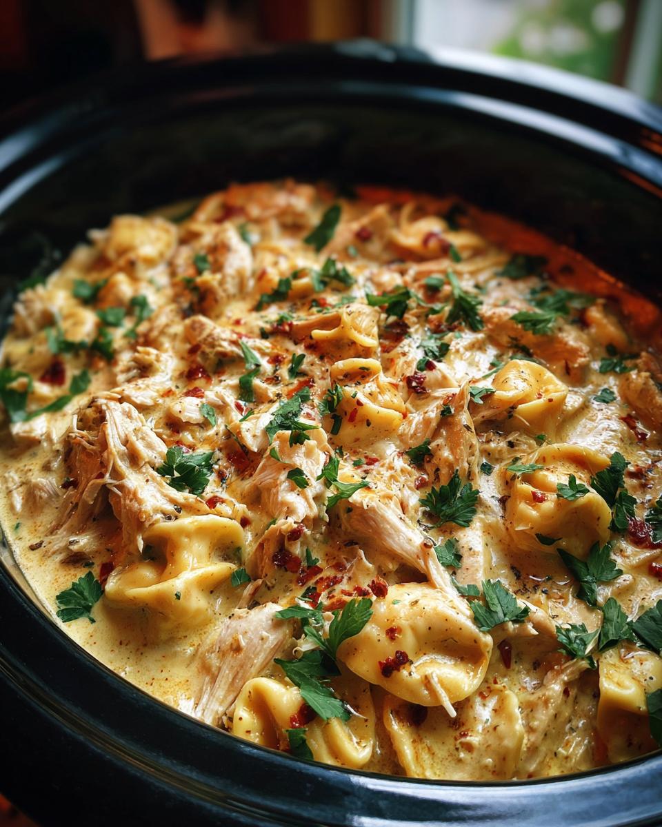 Close-up of creamy Crockpot chicken tortellini dish garnished with parsley and red pepper flakes.