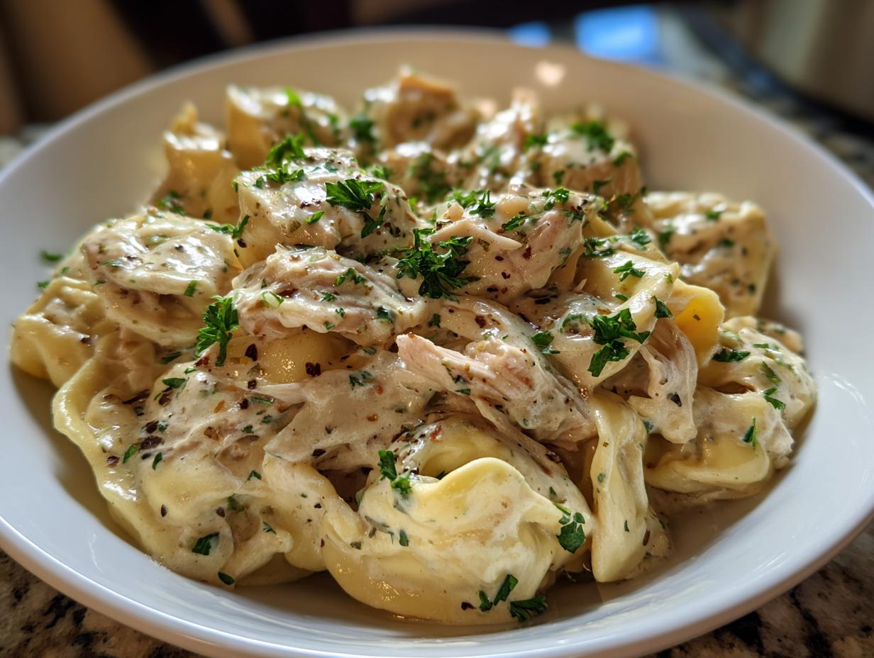 A close-up of a white bowl filled with Crockpot chicken tortellini in a creamy sauce, garnished with parsley.