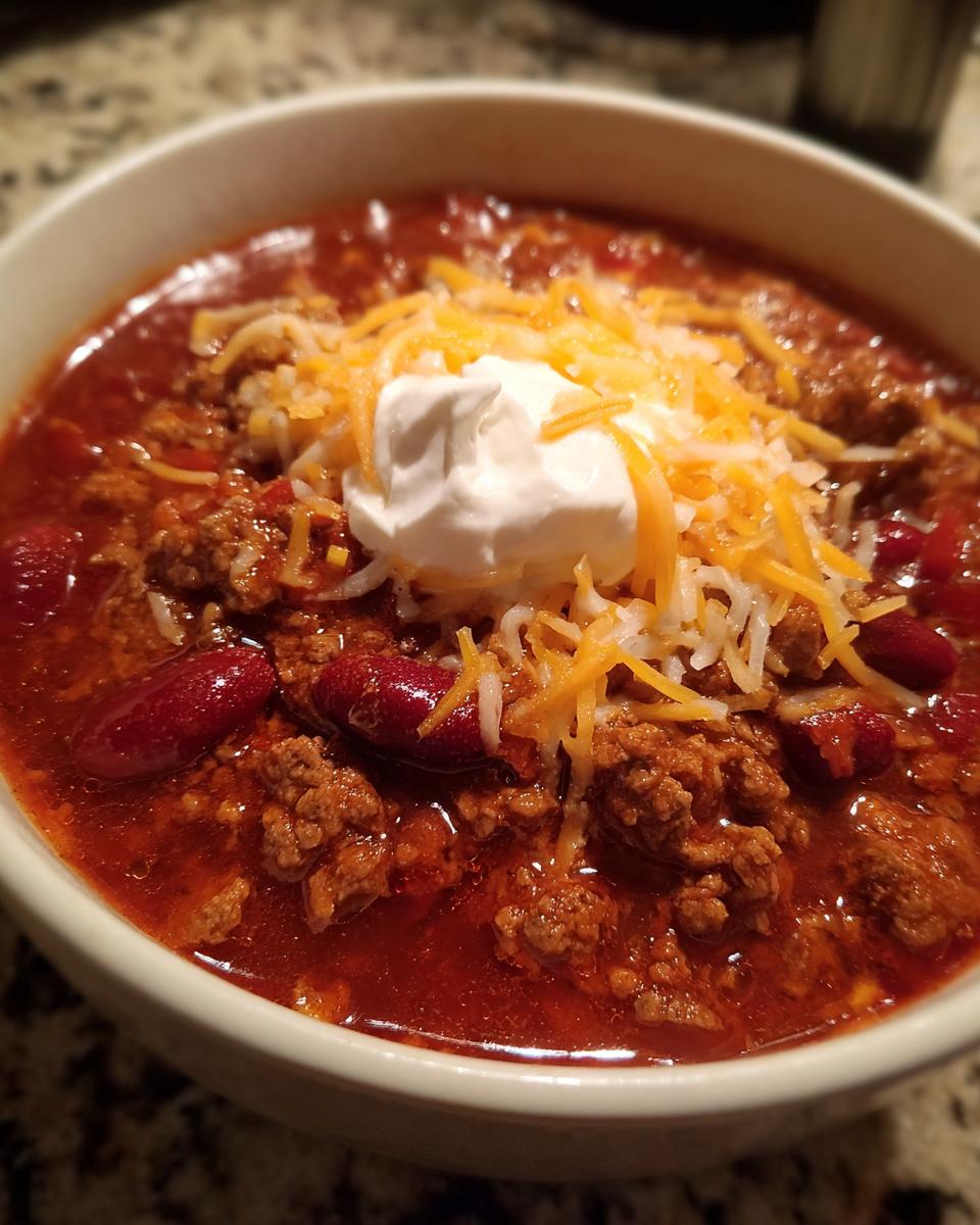 A close-up of a bowl of delicious Crockpot chili, topped with shredded cheese and a dollop of sour cream.