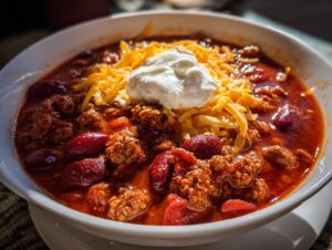 A close-up of a bowl of delicious Crockpot chili, topped with shredded cheddar cheese and a dollop of sour cream.