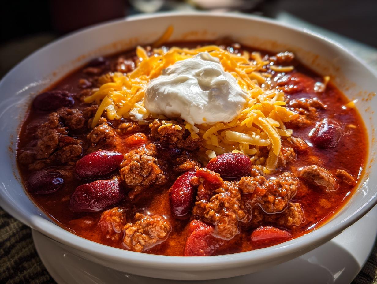 A close-up of a bowl of delicious Crockpot chili, topped with shredded cheddar cheese and a dollop of sour cream.