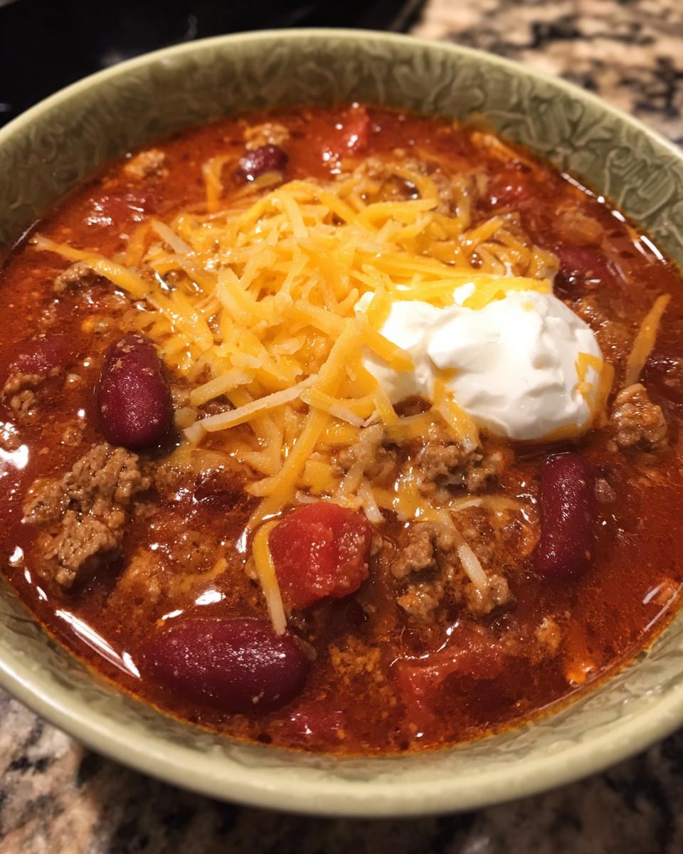 A close-up bowl of delicious Crockpot chili topped with shredded cheddar cheese and a dollop of sour cream.