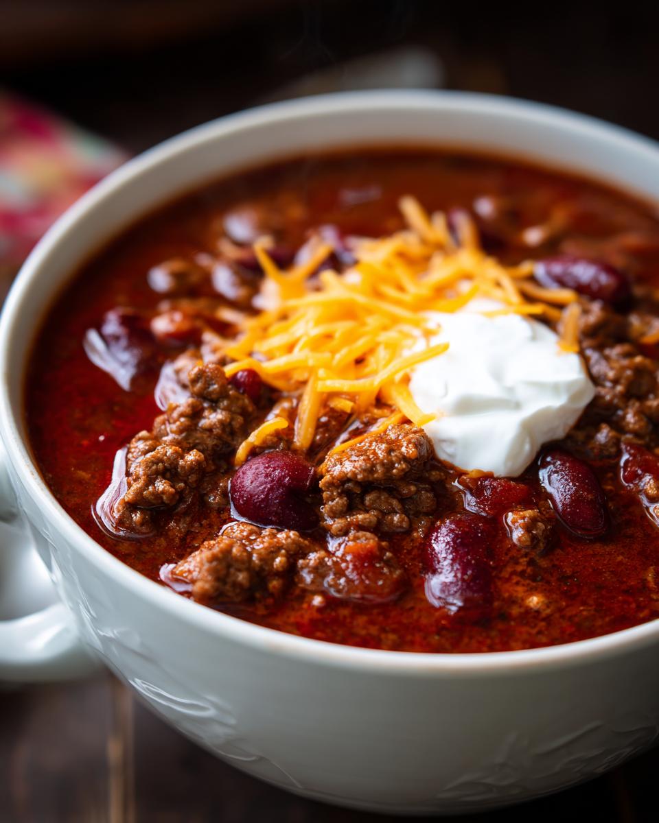 A close-up of a steaming bowl of Crockpot chili topped with shredded cheddar cheese and a dollop of sour cream.