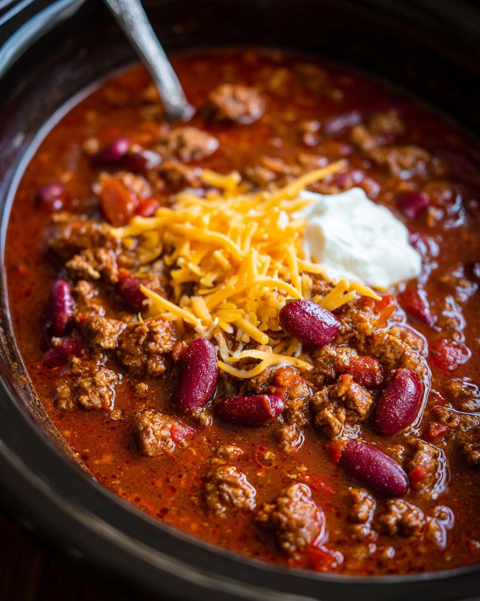 Close-up of a steaming bowl of Crockpot chili topped with shredded cheese and sour cream.
