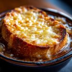 A close-up of a bowl of crockpot French onion soup topped with a thick slice of toasted bread covered in melted, bubbly cheese.