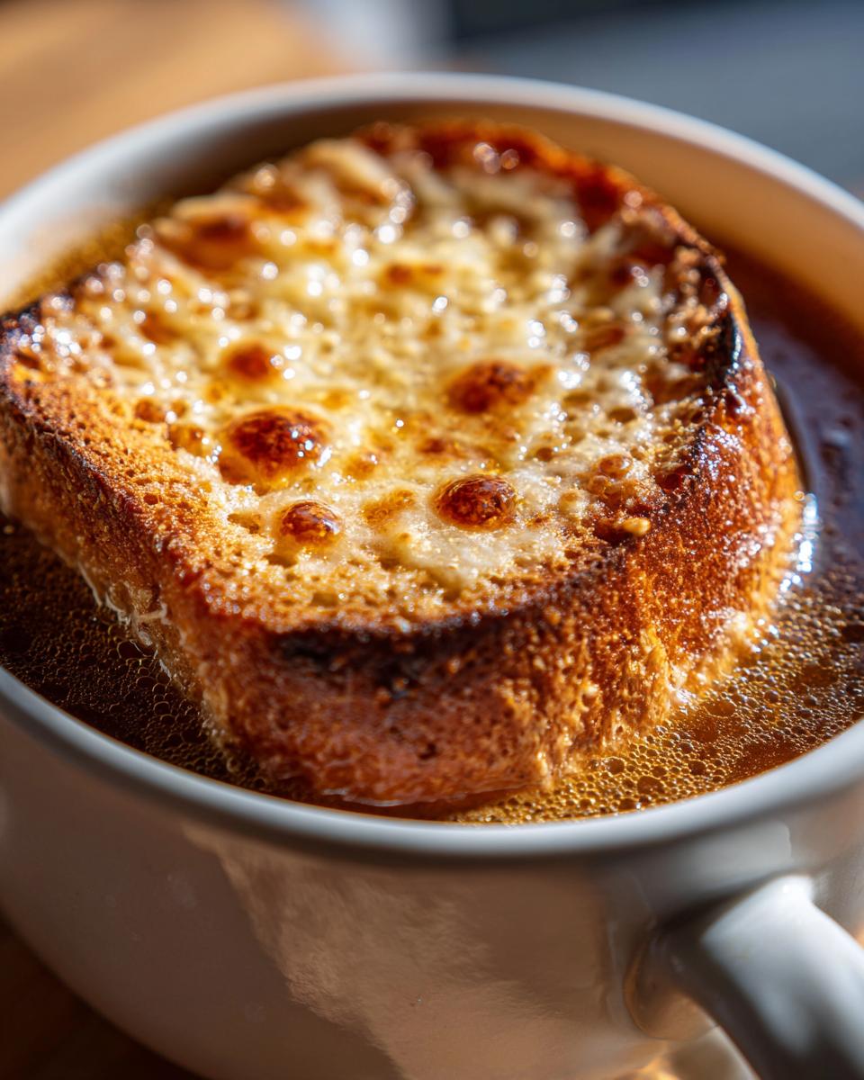 Close-up of a bowl of crockpot French onion soup topped with a slice of toasted bread and melted, bubbly cheese.
