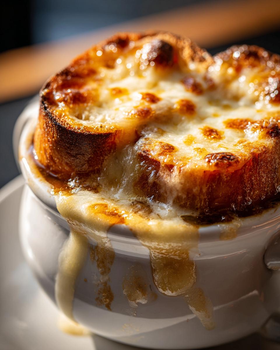 Close-up of a bowl of crockpot French onion soup with a thick, golden-brown crust of melted cheese and toasted bread.