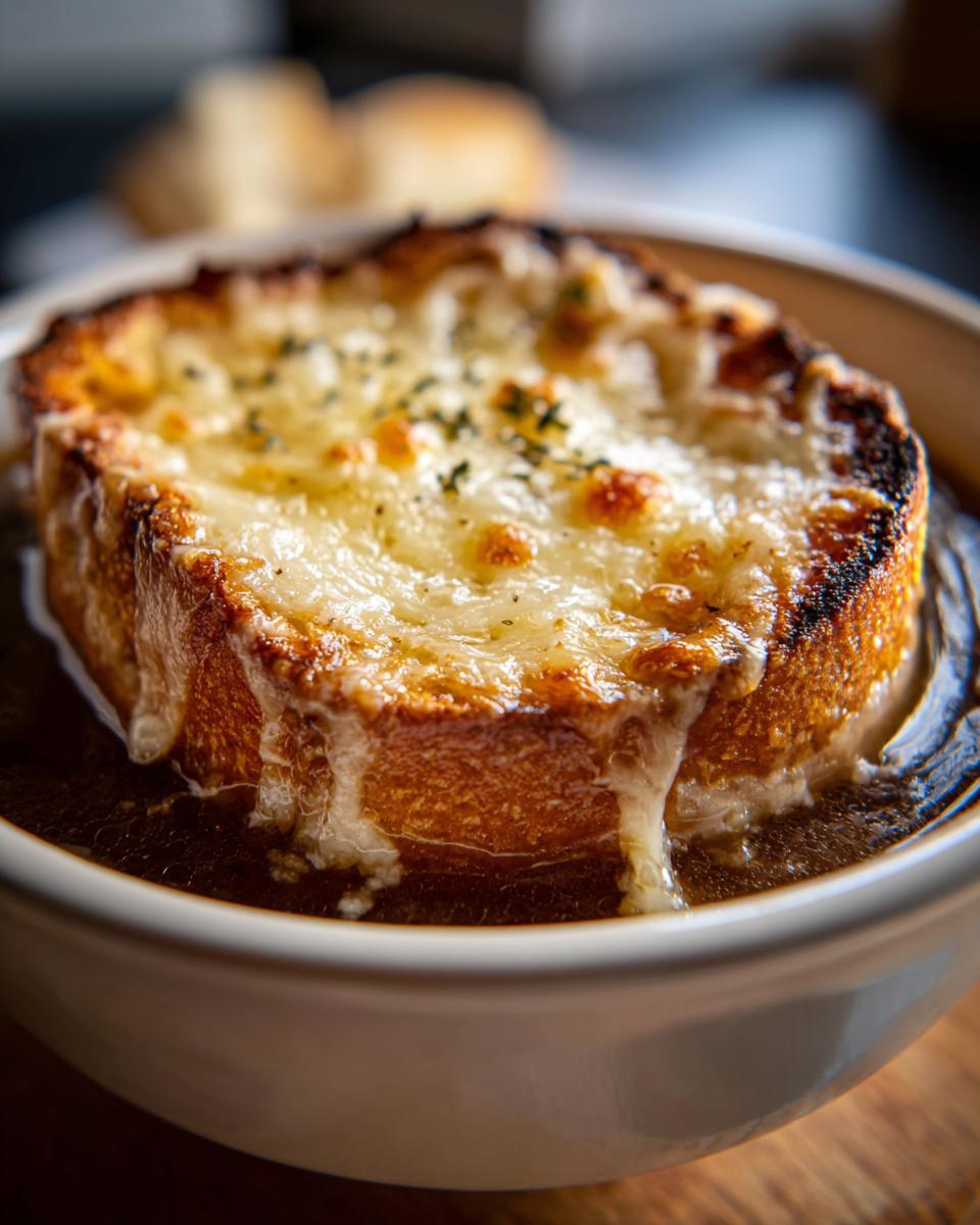 Close-up of a bowl of crockpot French onion soup topped with a thick slice of toasted bread and melted, bubbly cheese.