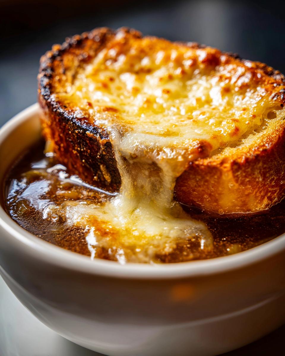 Close-up of a bowl of crockpot French onion soup topped with a golden-brown, cheesy crouton.