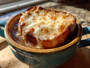 A close-up of a bowl of crockpot French onion soup topped with a thick slice of toasted bread and melted, bubbly cheese.