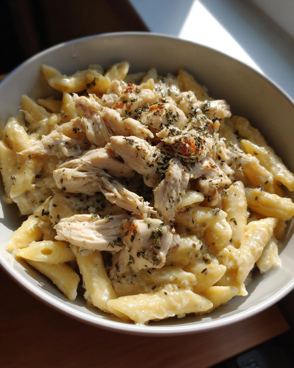 A close-up of Crockpot Garlic Parmesan Chicken Pasta in a bowl, topped with herbs.