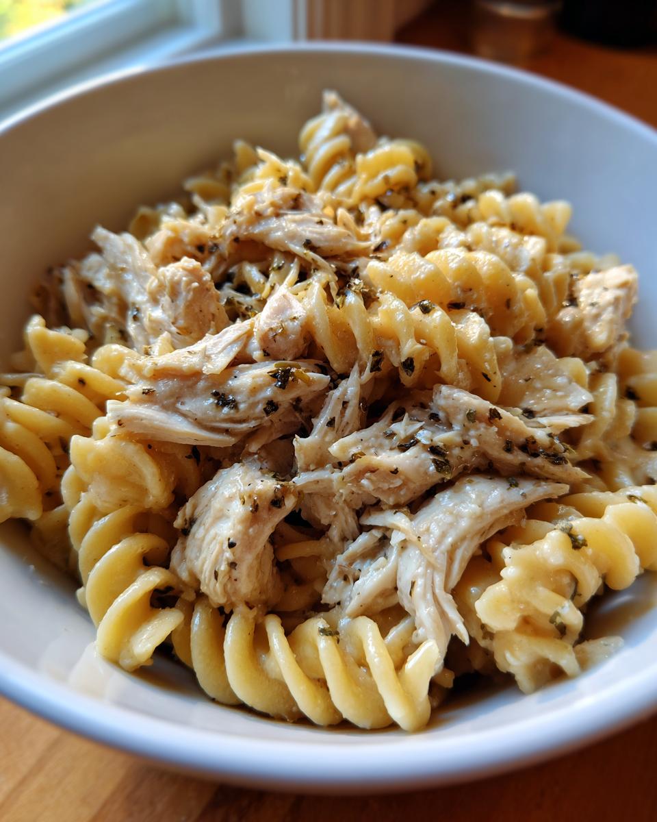 A close-up shot of a bowl filled with Crockpot Garlic Parmesan Chicken Pasta, featuring fusilli pasta and shredded chicken in a creamy sauce.