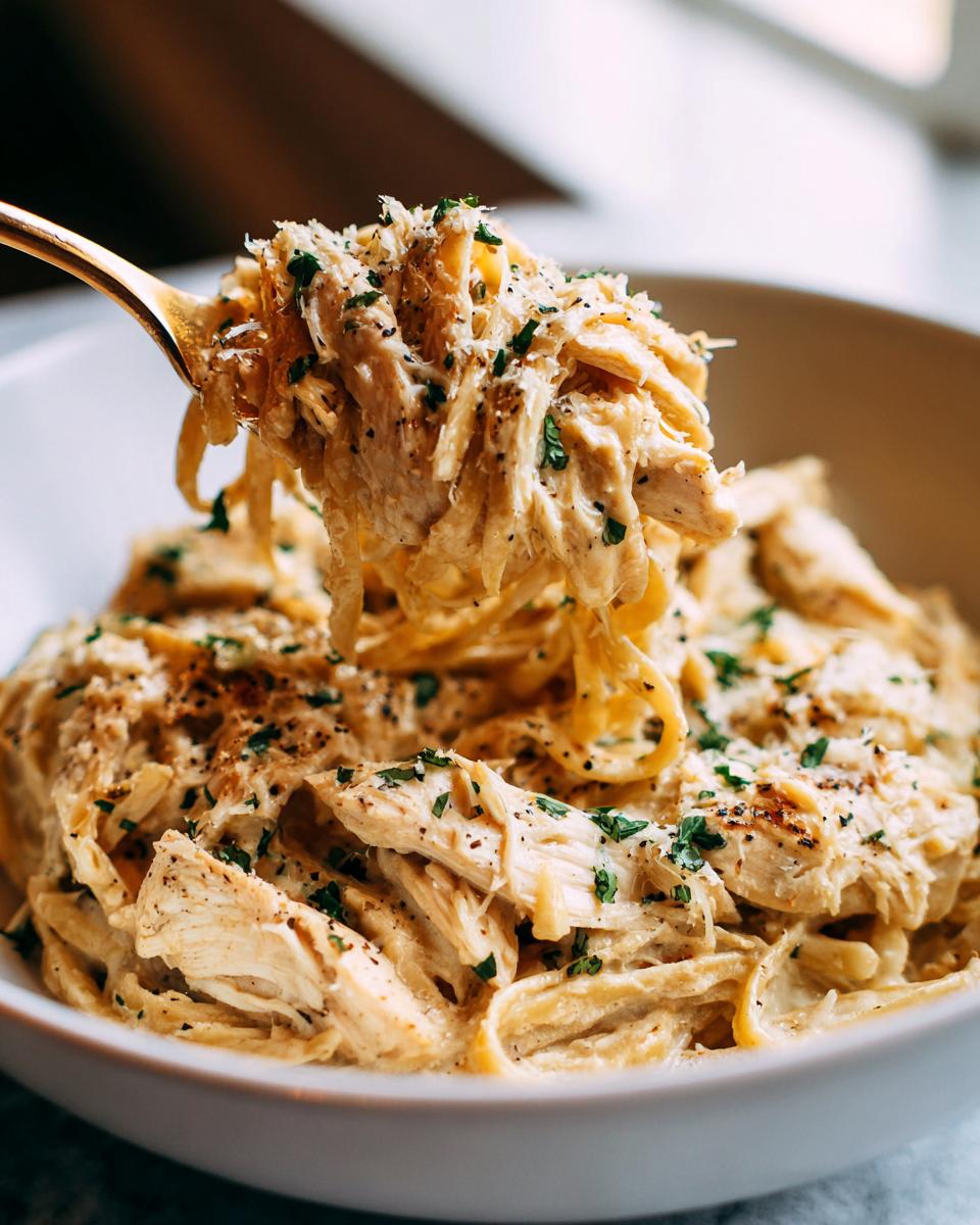 A fork lifting a generous portion of Crockpot Garlic Parmesan Chicken Pasta, showing shredded chicken and creamy sauce.
