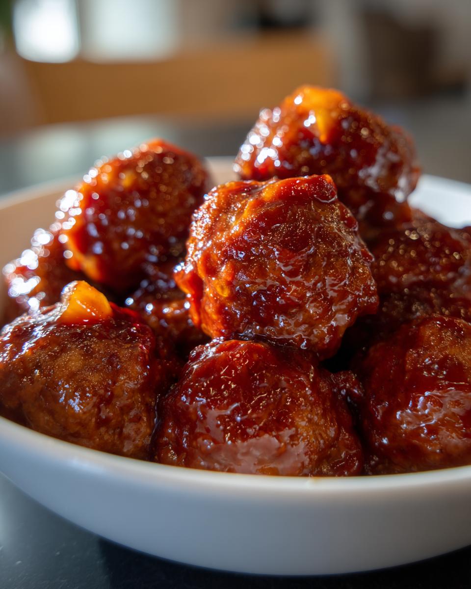 Close-up of glossy Crockpot Hawaiian meatballs coated in a rich, sweet glaze in a white bowl.
