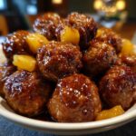 A close-up of a white bowl filled with glossy Crockpot Hawaiian meatballs, coated in a rich sauce with chunks of pineapple.