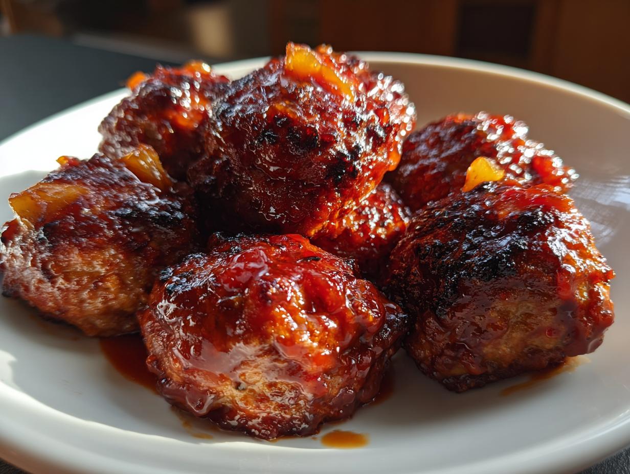 A close-up of several glistening Crockpot Hawaiian meatballs in a white bowl, coated in a sweet and savory glaze.