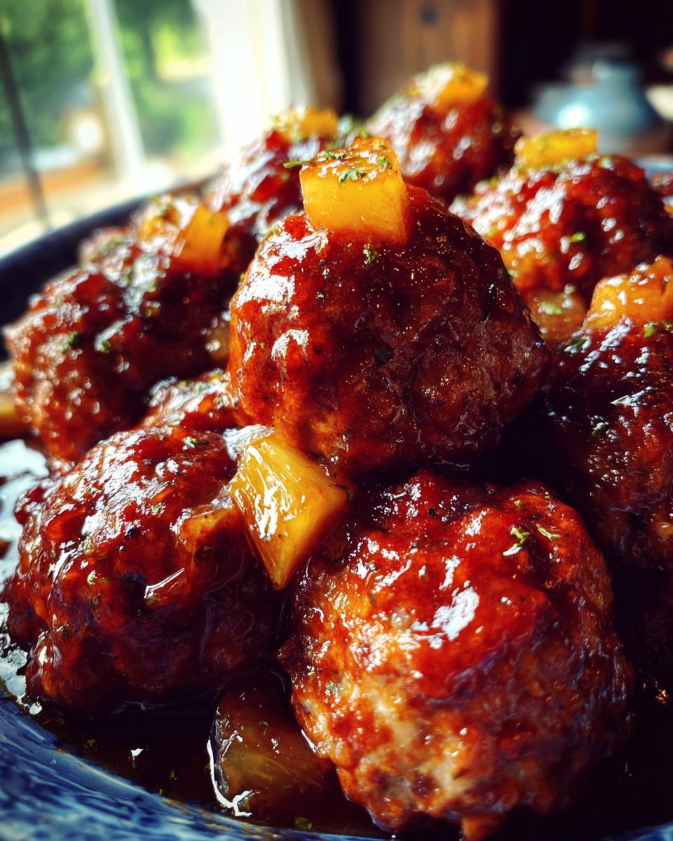 Close-up of Crockpot Hawaiian meatballs glazed in a rich sauce and topped with pineapple chunks.