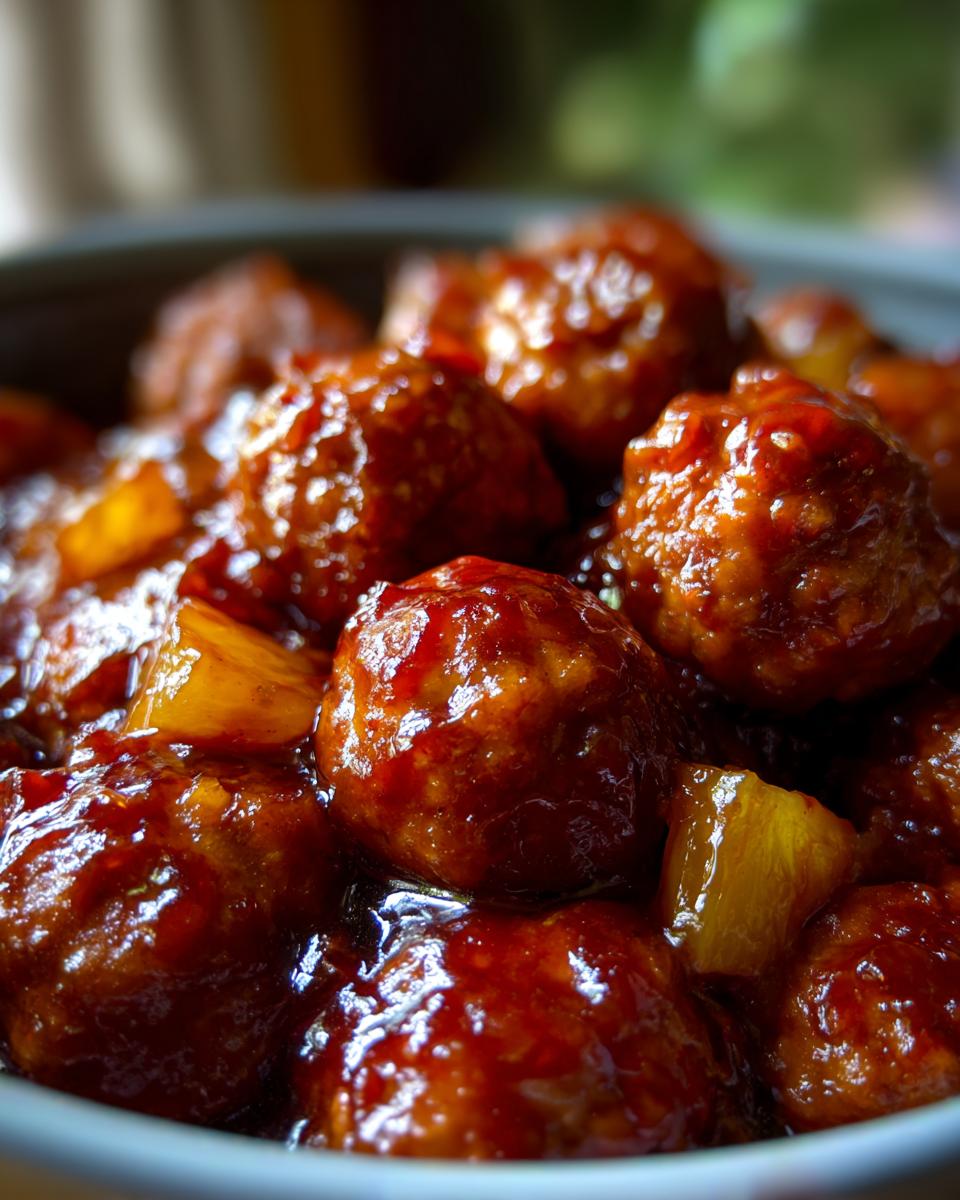 A close-up of Crockpot Hawaiian meatballs coated in a glossy, sweet sauce with chunks of pineapple.