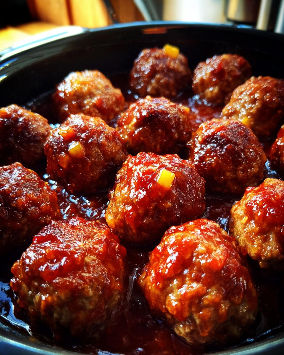 Close-up of Crockpot Hawaiian meatballs simmering in a rich, glossy sauce with visible pieces of pineapple.