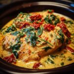 Close-up of tender chicken breasts in a creamy sauce with spinach and sun-dried tomatoes, a delicious crockpot Tuscan chicken dish.