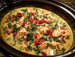 Close-up of crockpot Tuscan chicken with sun-dried tomatoes and spinach in a creamy sauce.