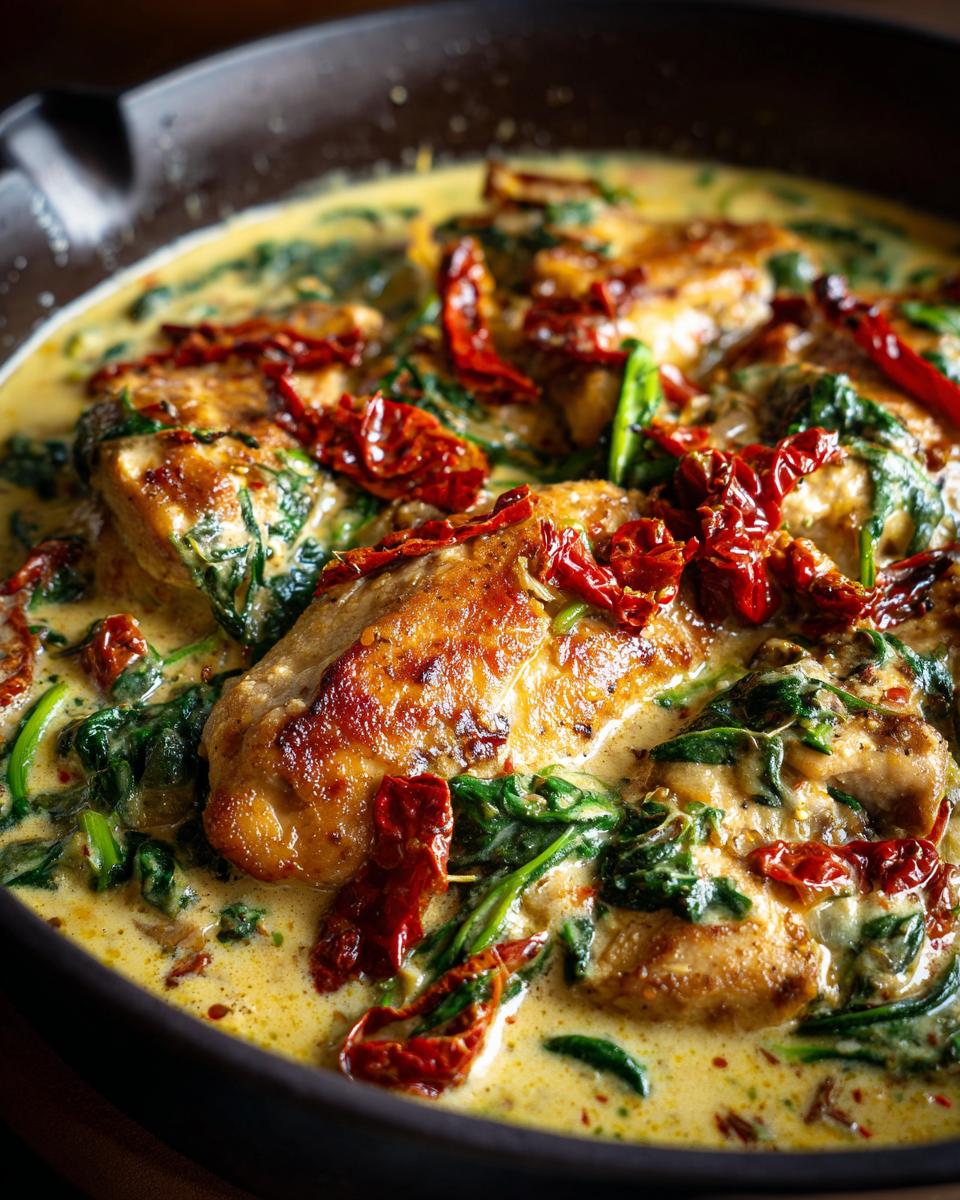 Close-up of tender crockpot Tuscan chicken pieces in a creamy sauce with spinach and sun-dried tomatoes.