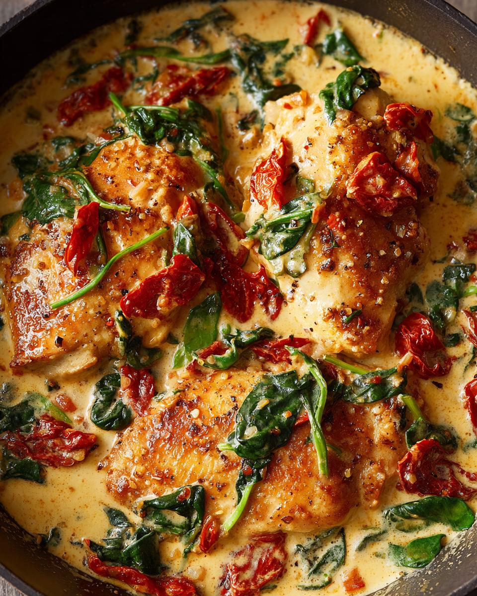 Close-up of tender crockpot Tuscan chicken pieces in a creamy sauce with spinach and sun-dried tomatoes.