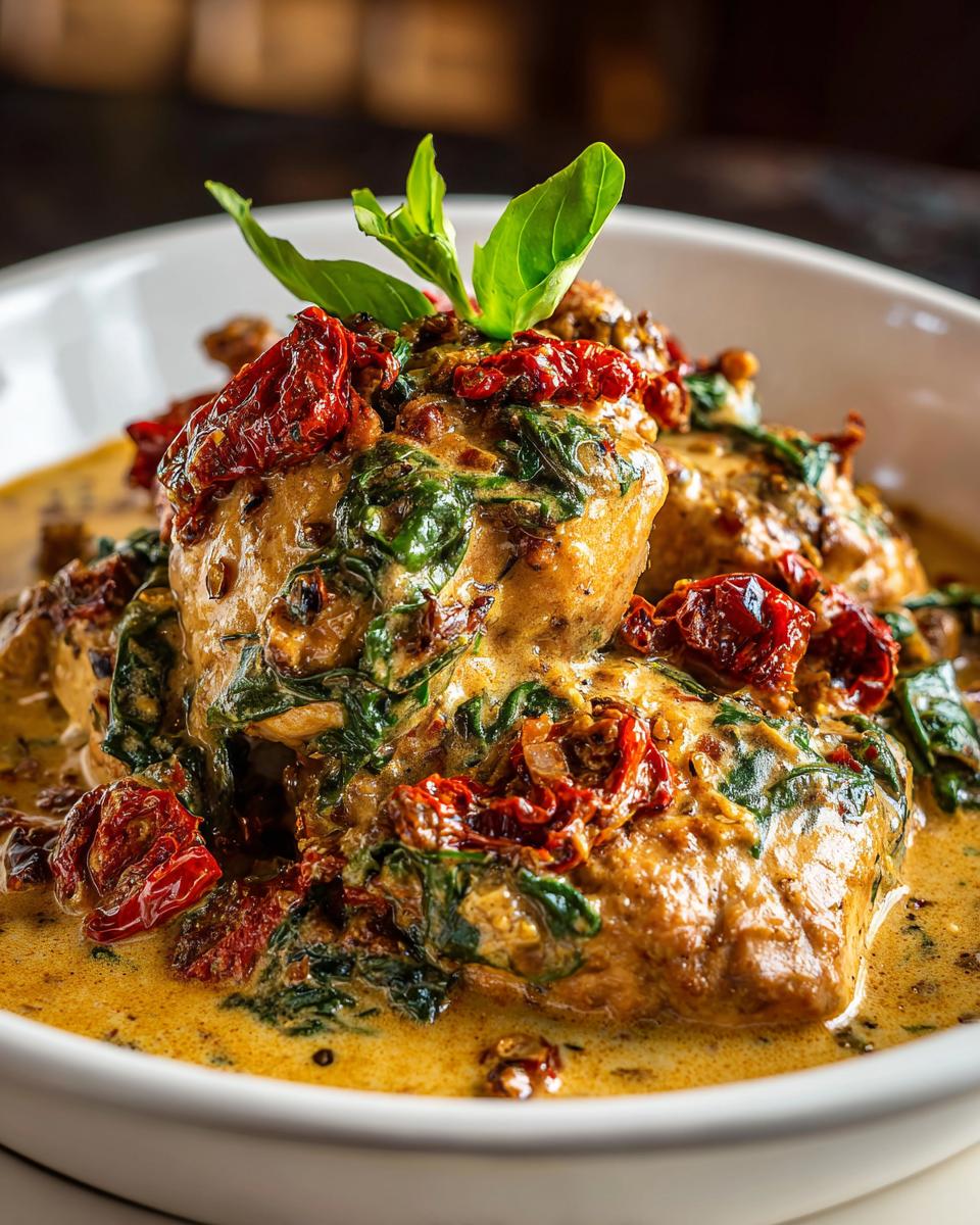 A close-up of tender crockpot Tuscan chicken in a creamy sauce with sun-dried tomatoes and spinach, garnished with basil.