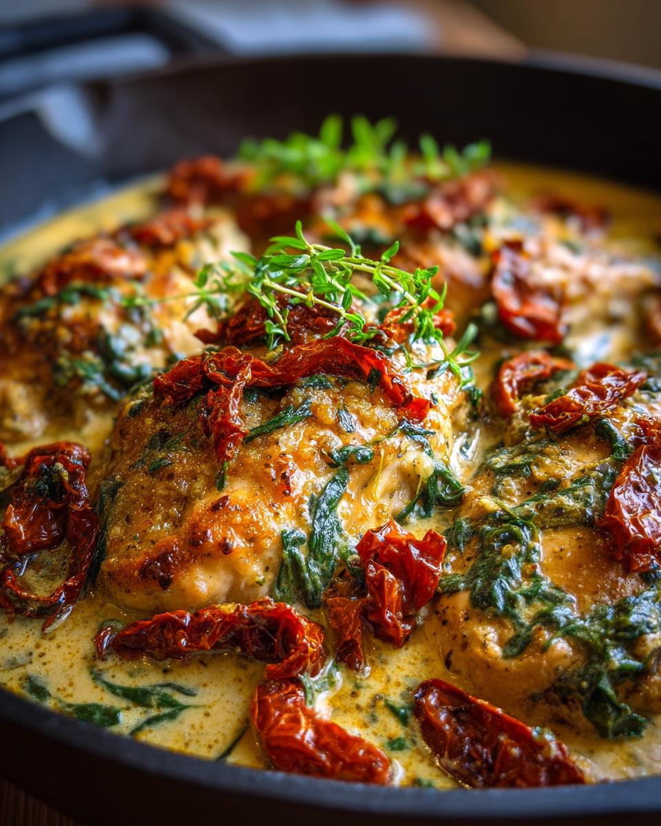 Close-up of succulent crockpot Tuscan chicken breasts in a creamy sauce with spinach and sun-dried tomatoes, garnished with fresh thyme.