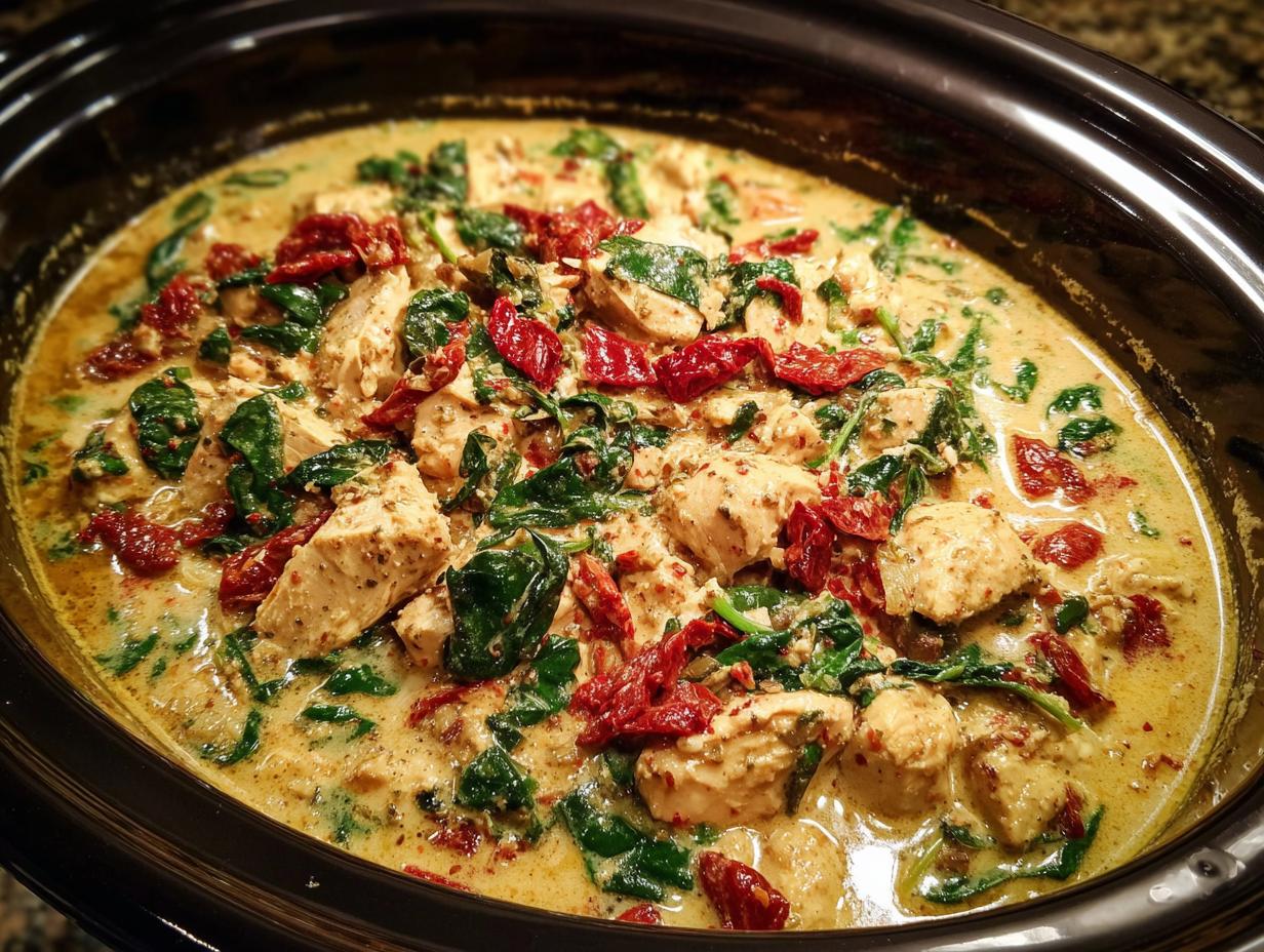 Close-up of crockpot Tuscan chicken with sun-dried tomatoes and spinach in a creamy sauce.