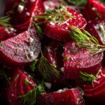 Close-up of a vibrant cucumber beetroot salad, featuring bright red beet slices, fresh dill, and sprinkled salt.
