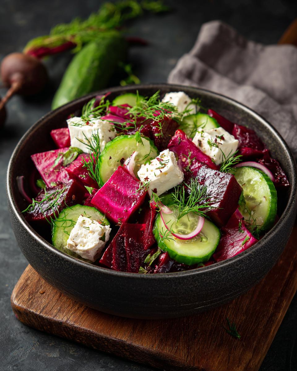A vibrant bowl of cucumber beetroot salad topped with feta cheese and fresh dill.
