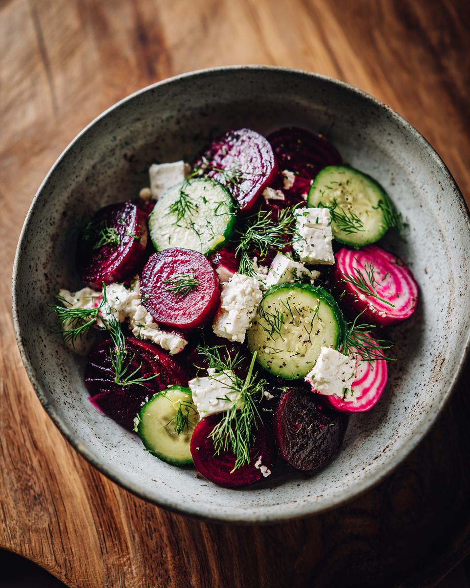 A vibrant bowl of cucumber beetroot salad, featuring sliced beets, cucumber rounds, feta cheese, and fresh dill.